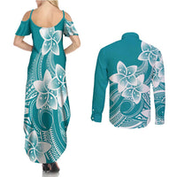 Polynesian Plumeria Flowers Tribal Couples Matching Summer Maxi Dress and Long Sleeve Button Shirt Pacific Tattoo Teal Style - Polynesian Pride