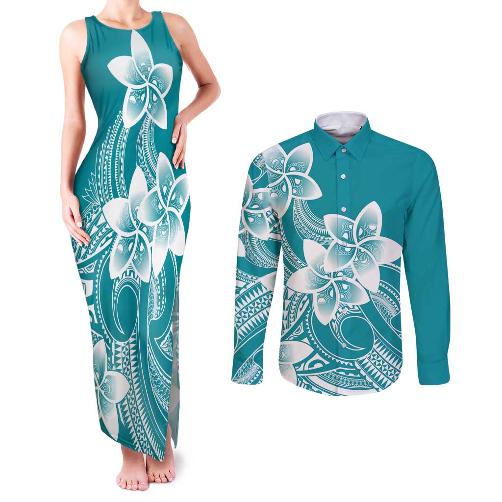 Polynesian Plumeria Flowers Tribal Couples Matching Tank Maxi Dress and Long Sleeve Button Shirt Pacific Tattoo Teal Style - Polynesian Pride