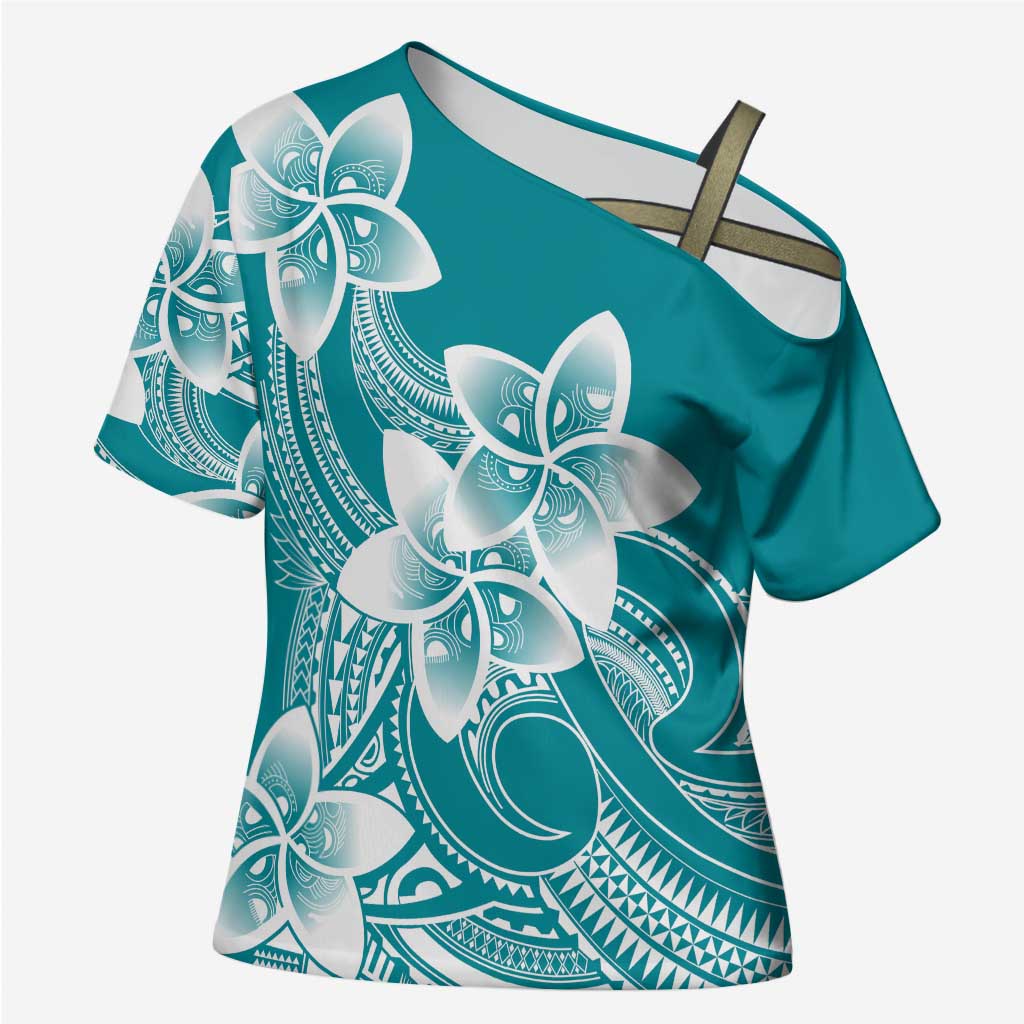 Polynesian Plumeria Flowers Tribal Cross Shoulder Shirt Pacific Tattoo Teal Style - Polynesian Pride