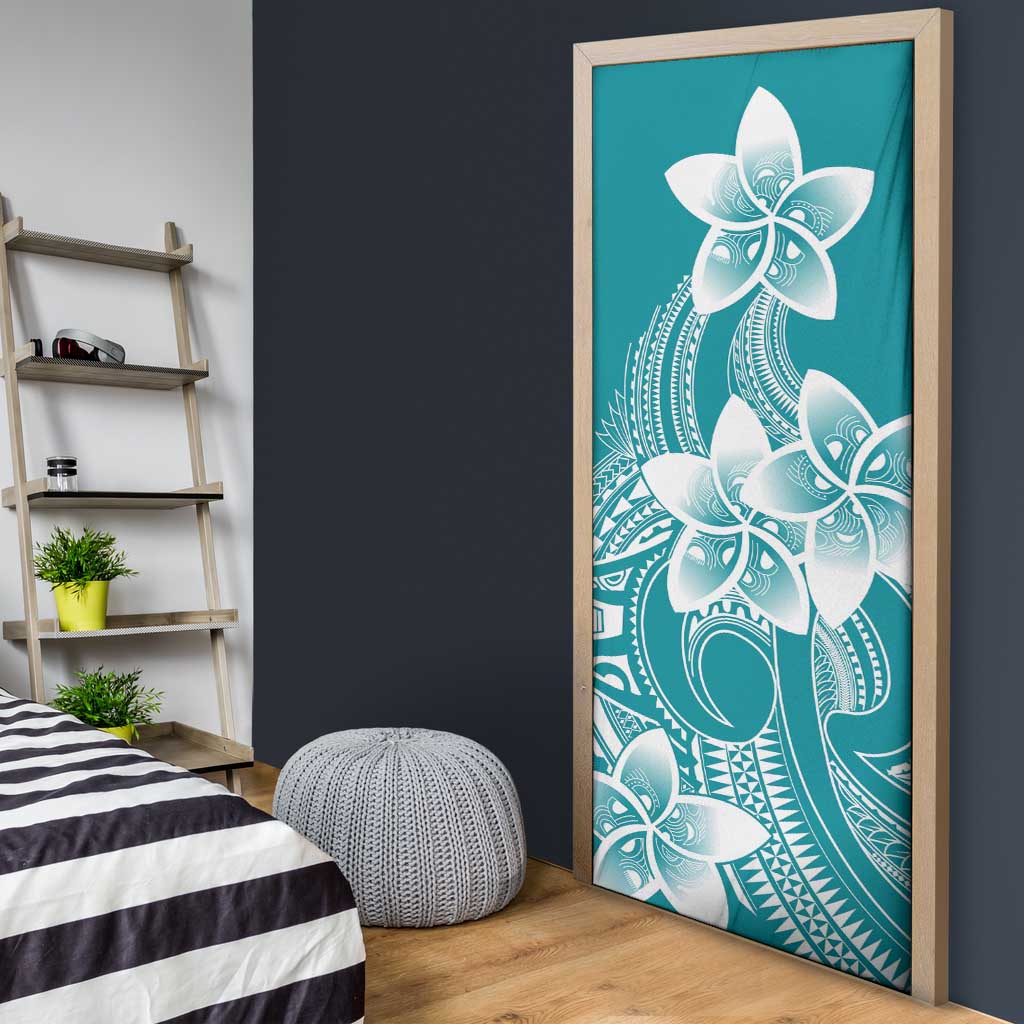 Polynesian Plumeria Flowers Tribal Door Cover Pacific Tattoo Teal Style - Polynesian Pride
