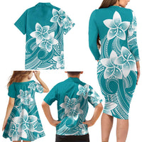 Polynesian Plumeria Flowers Tribal Family Matching Long Sleeve Bodycon Dress and Hawaiian Shirt Pacific Tattoo Teal Style - Polynesian Pride