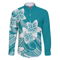 Polynesian Plumeria Flowers Tribal Family Matching Long Sleeve Bodycon Dress and Hawaiian Shirt Pacific Tattoo Teal Style - Polynesian Pride