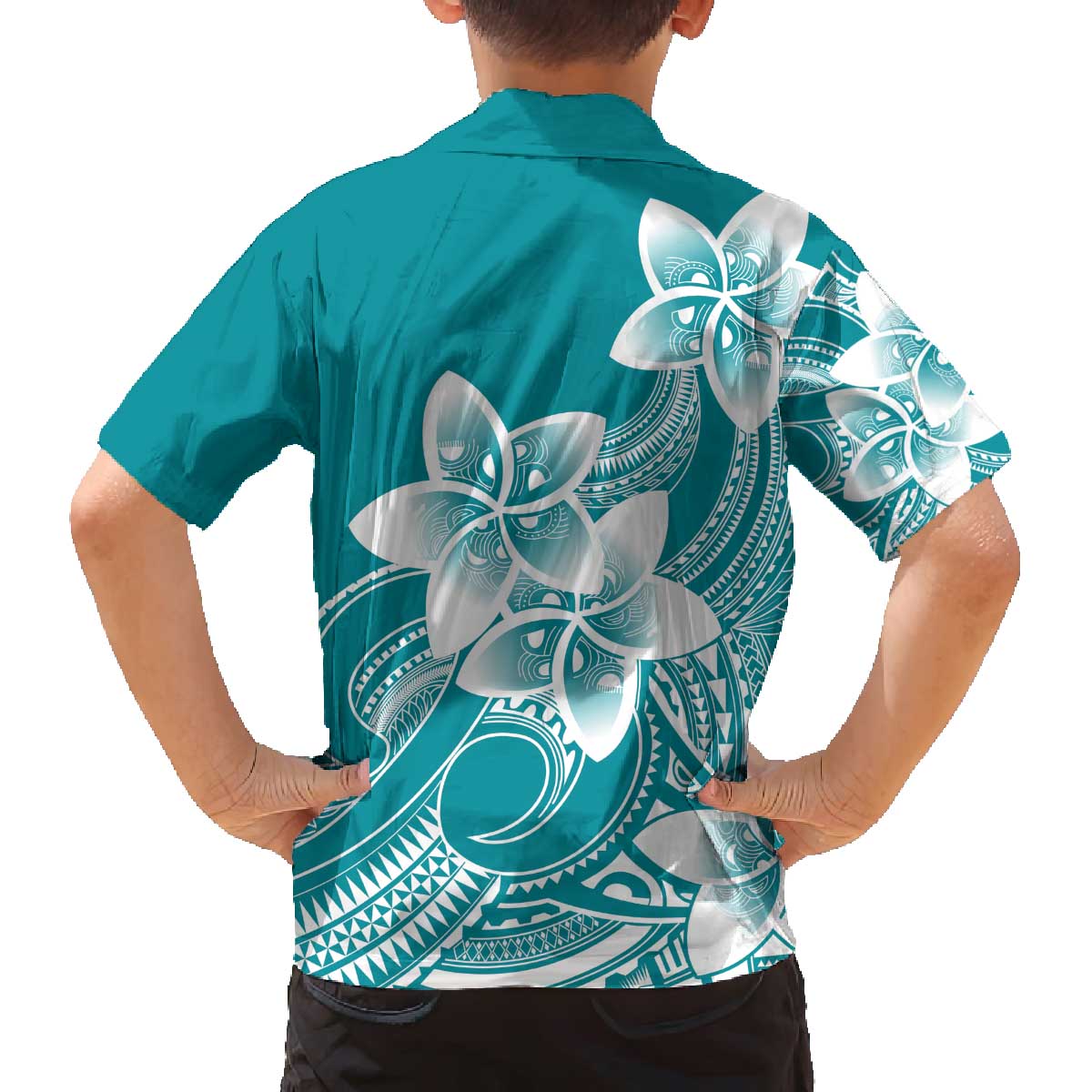 Polynesian Plumeria Flowers Tribal Family Matching Off The Shoulder Long Sleeve Dress and Hawaiian Shirt Pacific Tattoo Teal Style - Polynesian Pride