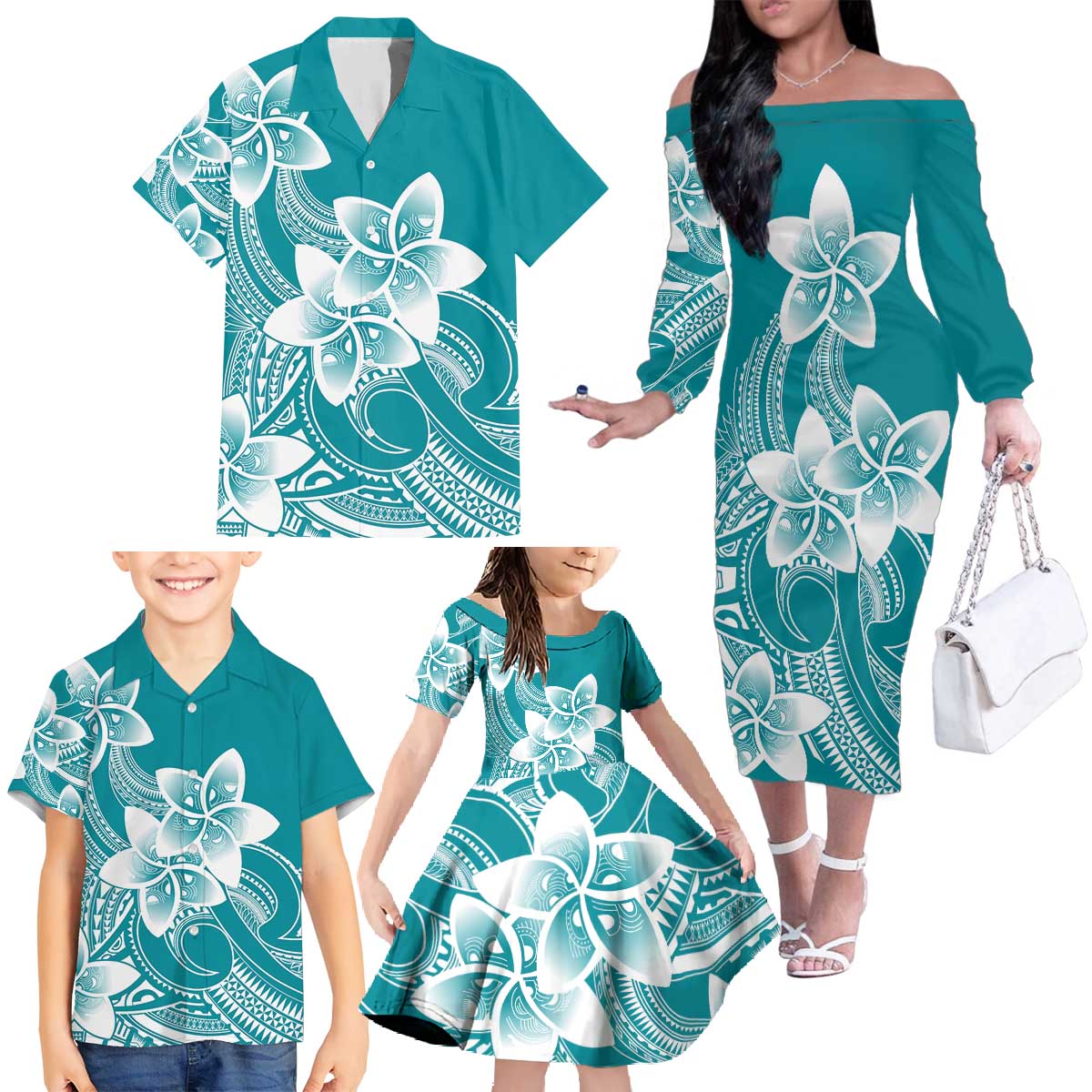 Polynesian Plumeria Flowers Tribal Family Matching Off The Shoulder Long Sleeve Dress and Hawaiian Shirt Pacific Tattoo Teal Style - Polynesian Pride