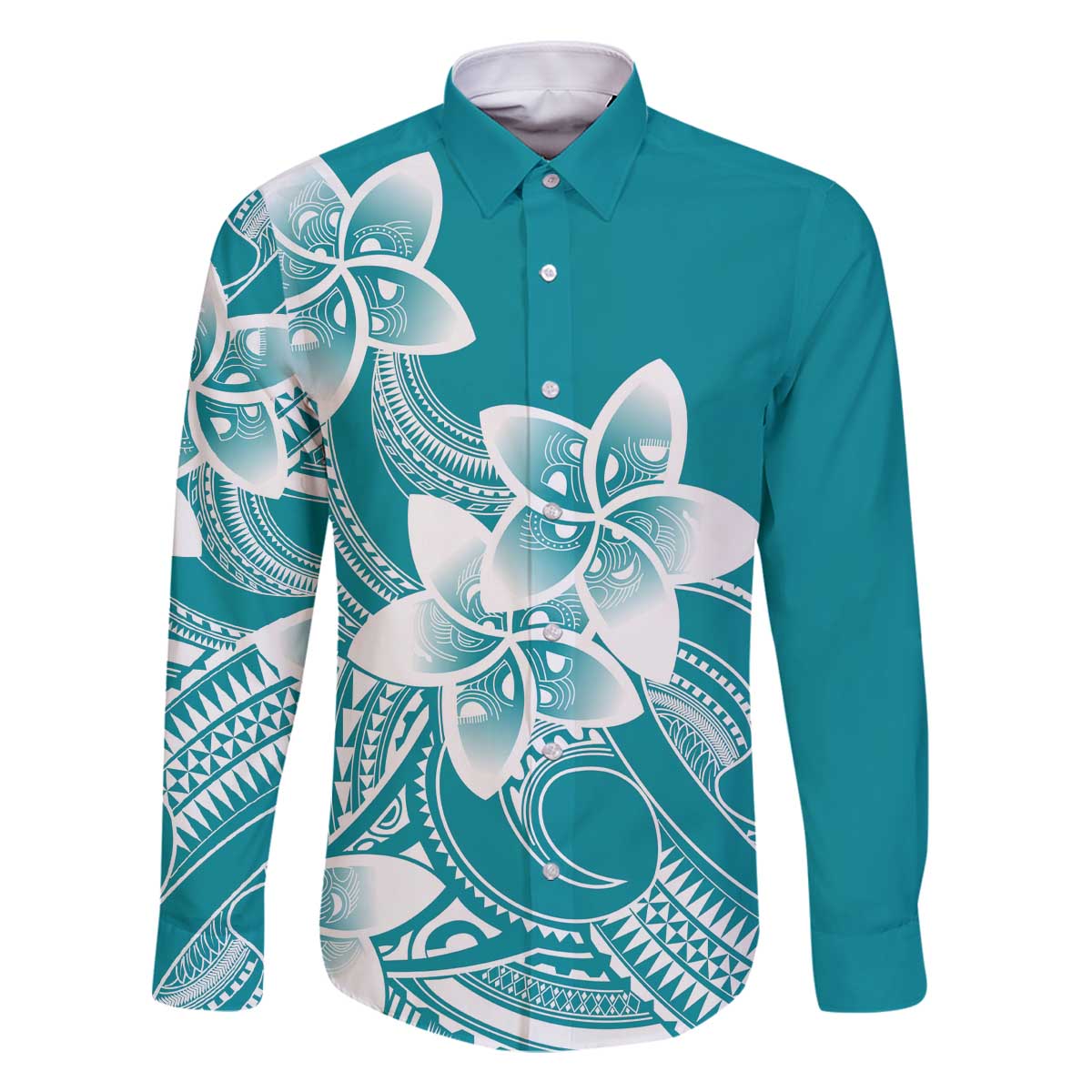 Polynesian Plumeria Flowers Tribal Family Matching Off The Shoulder Long Sleeve Dress and Hawaiian Shirt Pacific Tattoo Teal Style - Polynesian Pride