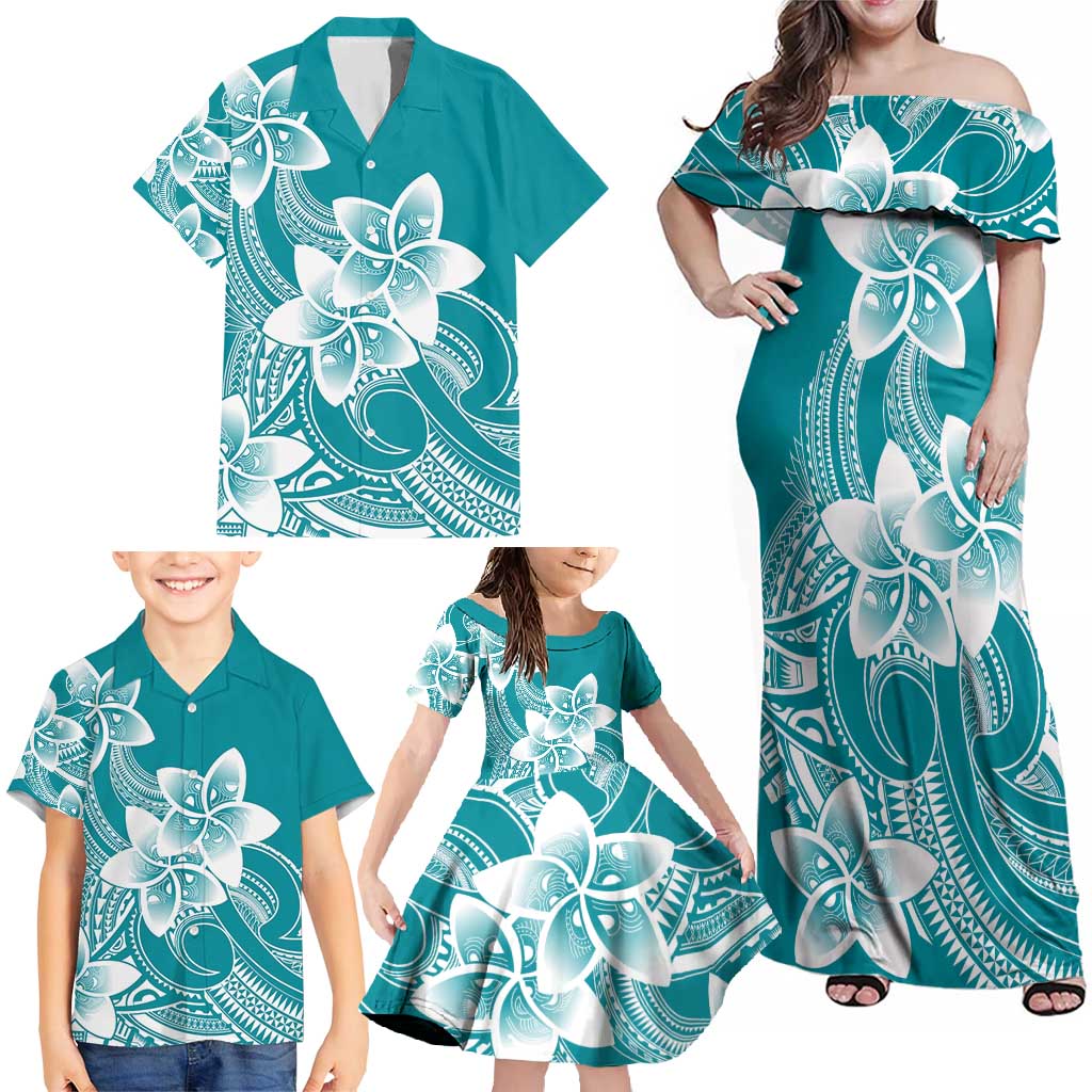 Polynesian Plumeria Flowers Tribal Family Matching Off Shoulder Maxi Dress and Hawaiian Shirt Pacific Tattoo Teal Style - Polynesian Pride
