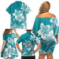 Polynesian Plumeria Flowers Tribal Family Matching Off Shoulder Short Dress and Hawaiian Shirt Pacific Tattoo Teal Style - Polynesian Pride