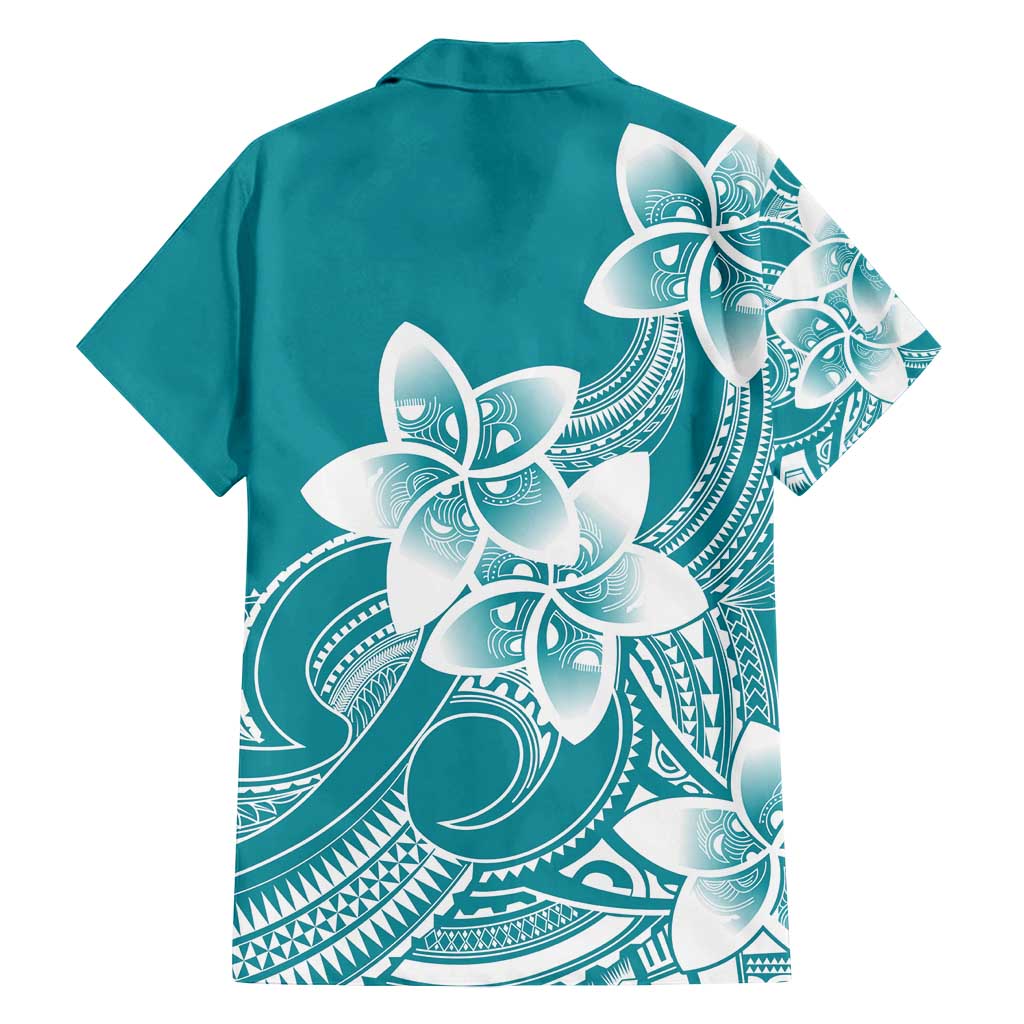Polynesian Plumeria Flowers Tribal Family Matching Off Shoulder Short Dress and Hawaiian Shirt Pacific Tattoo Teal Style - Polynesian Pride