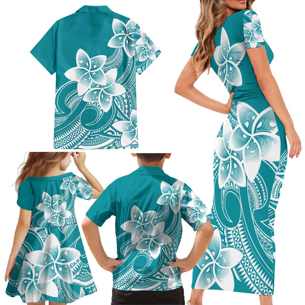 Polynesian Plumeria Flowers Tribal Family Matching Short Sleeve Bodycon Dress and Hawaiian Shirt Pacific Tattoo Teal Style - Polynesian Pride