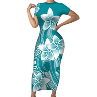 Polynesian Plumeria Flowers Tribal Family Matching Short Sleeve Bodycon Dress and Hawaiian Shirt Pacific Tattoo Teal Style - Polynesian Pride