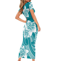 Polynesian Plumeria Flowers Tribal Family Matching Short Sleeve Bodycon Dress and Hawaiian Shirt Pacific Tattoo Teal Style - Polynesian Pride
