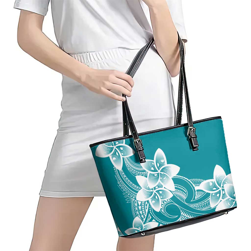 Polynesian Plumeria Flowers Tribal Leather Tote Bag Pacific Tattoo Teal Style - Polynesian Pride
