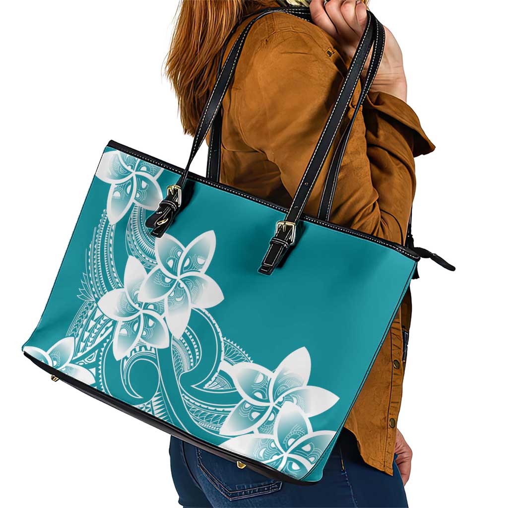 Polynesian Plumeria Flowers Tribal Leather Tote Bag Pacific Tattoo Teal Style - Polynesian Pride