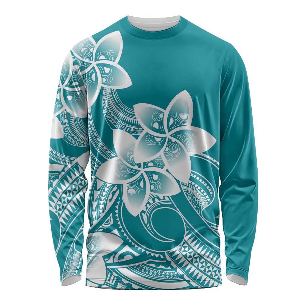 Polynesian Plumeria Flowers Tribal Long Sleeve Shirt Pacific Tattoo Teal Style - Polynesian Pride