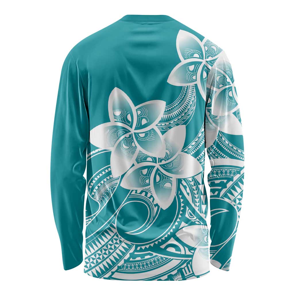 Polynesian Plumeria Flowers Tribal Long Sleeve Shirt Pacific Tattoo Teal Style - Polynesian Pride