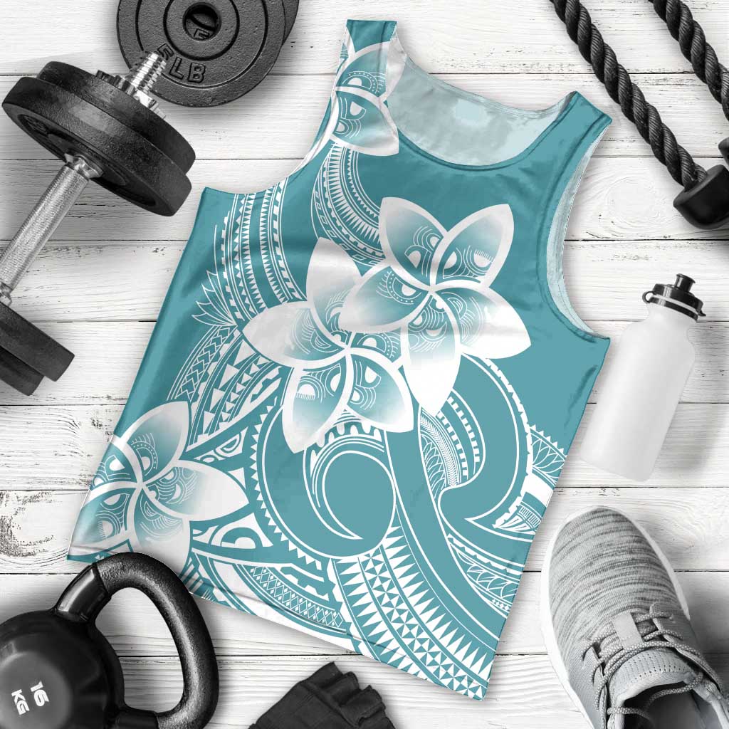 Polynesian Plumeria Flowers Tribal Men Tank Top Pacific Tattoo Teal Style - Polynesian Pride