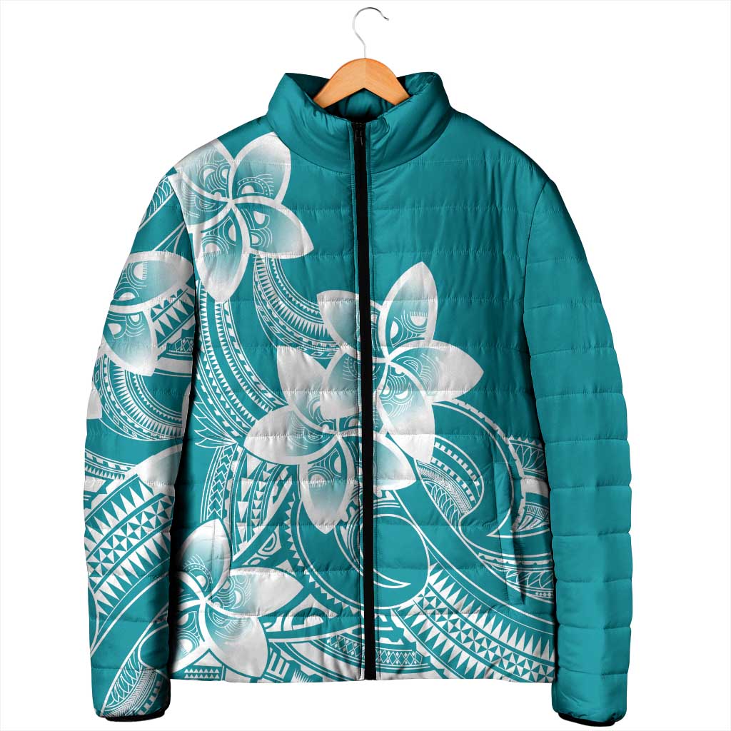 Polynesian Plumeria Flowers Tribal Padded Jacket Pacific Tattoo Teal Style - Polynesian Pride