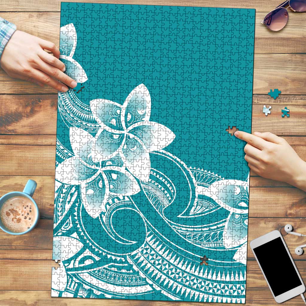 Polynesian Plumeria Flowers Tribal Puzzle Pacific Tattoo Teal Style - Polynesian Pride