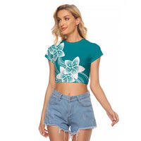 Polynesian Plumeria Flowers Tribal Raglan Cropped T Shirt Pacific Tattoo Teal Style - Polynesian Pride
