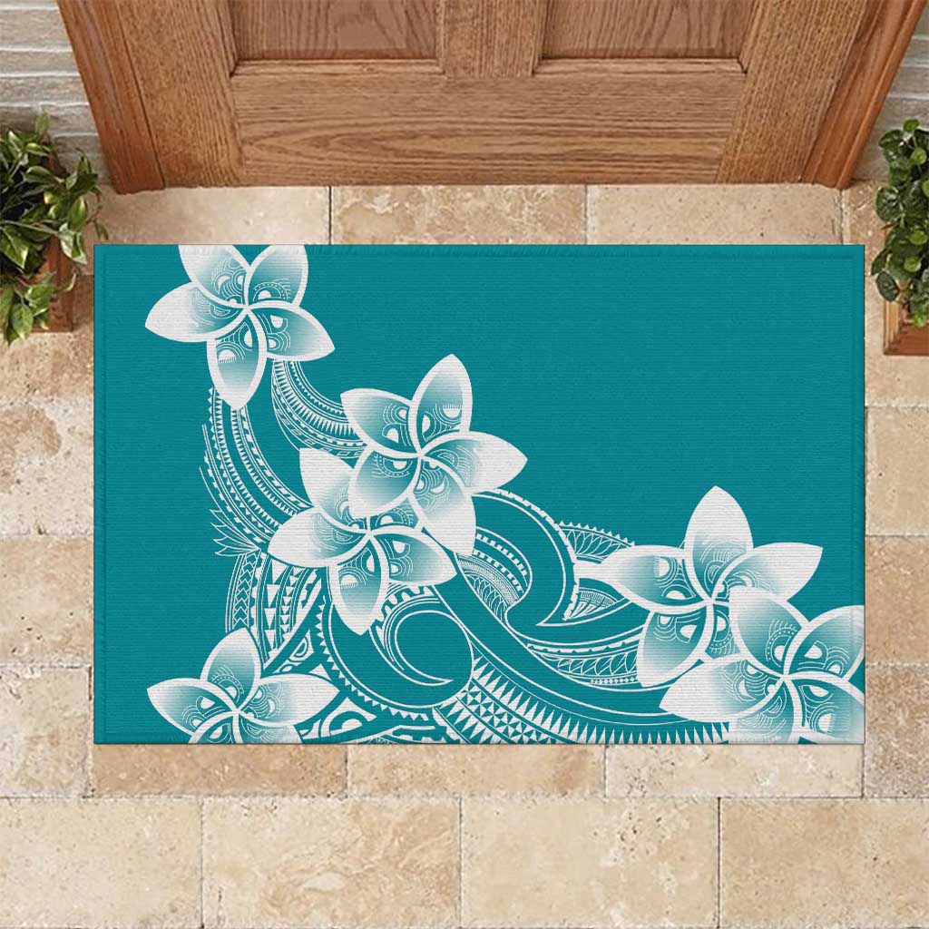Polynesian Plumeria Flowers Tribal Rubber Doormat Pacific Tattoo Teal Style - Polynesian Pride
