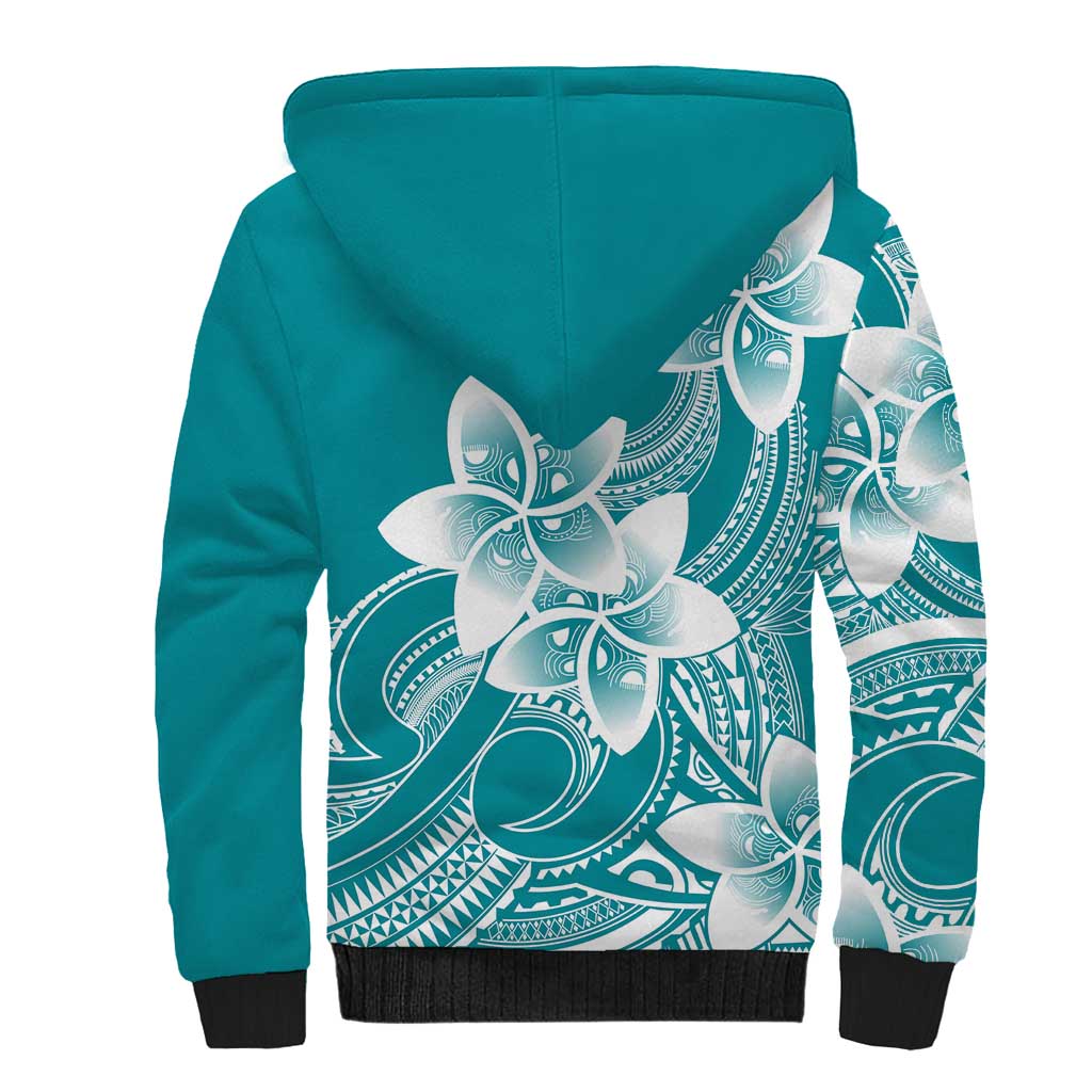 Polynesian Plumeria Flowers Tribal Sherpa Hoodie Pacific Tattoo Teal Style - Polynesian Pride