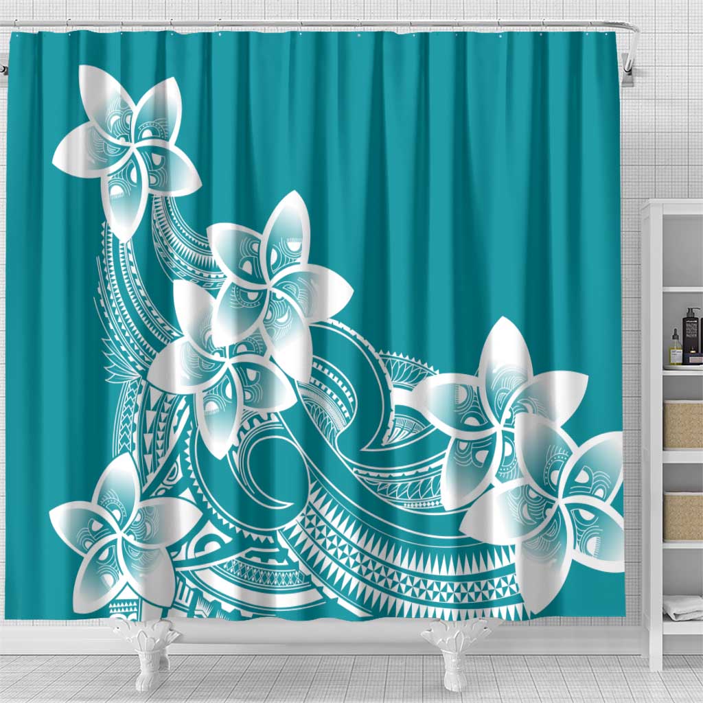 Polynesian Plumeria Flowers Tribal Shower Curtain Pacific Tattoo Teal Style - Polynesian Pride