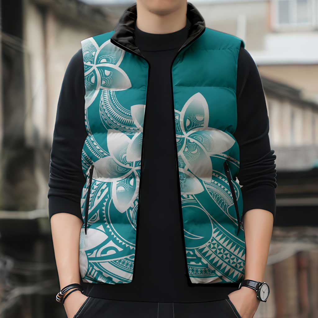 Polynesian Plumeria Flowers Tribal Sleeveless Puffer Jacket Pacific Tattoo Teal Style - Polynesian Pride