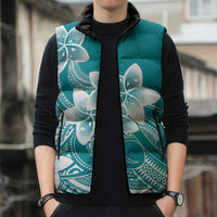 Polynesian Plumeria Flowers Tribal Sleeveless Puffer Jacket Pacific Tattoo Teal Style - Polynesian Pride