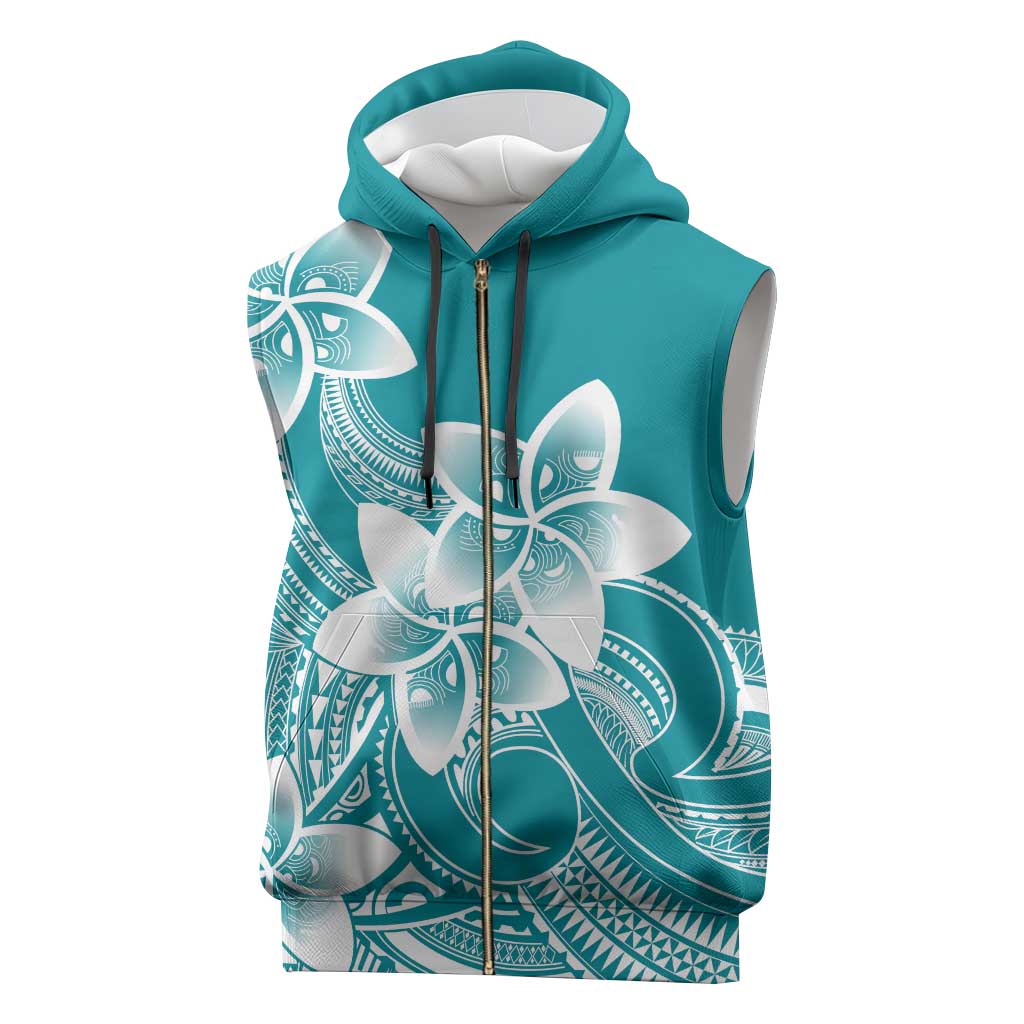 Polynesian Plumeria Flowers Tribal Sleeveless Zip Hoodie Pacific Tattoo Teal Style - Polynesian Pride