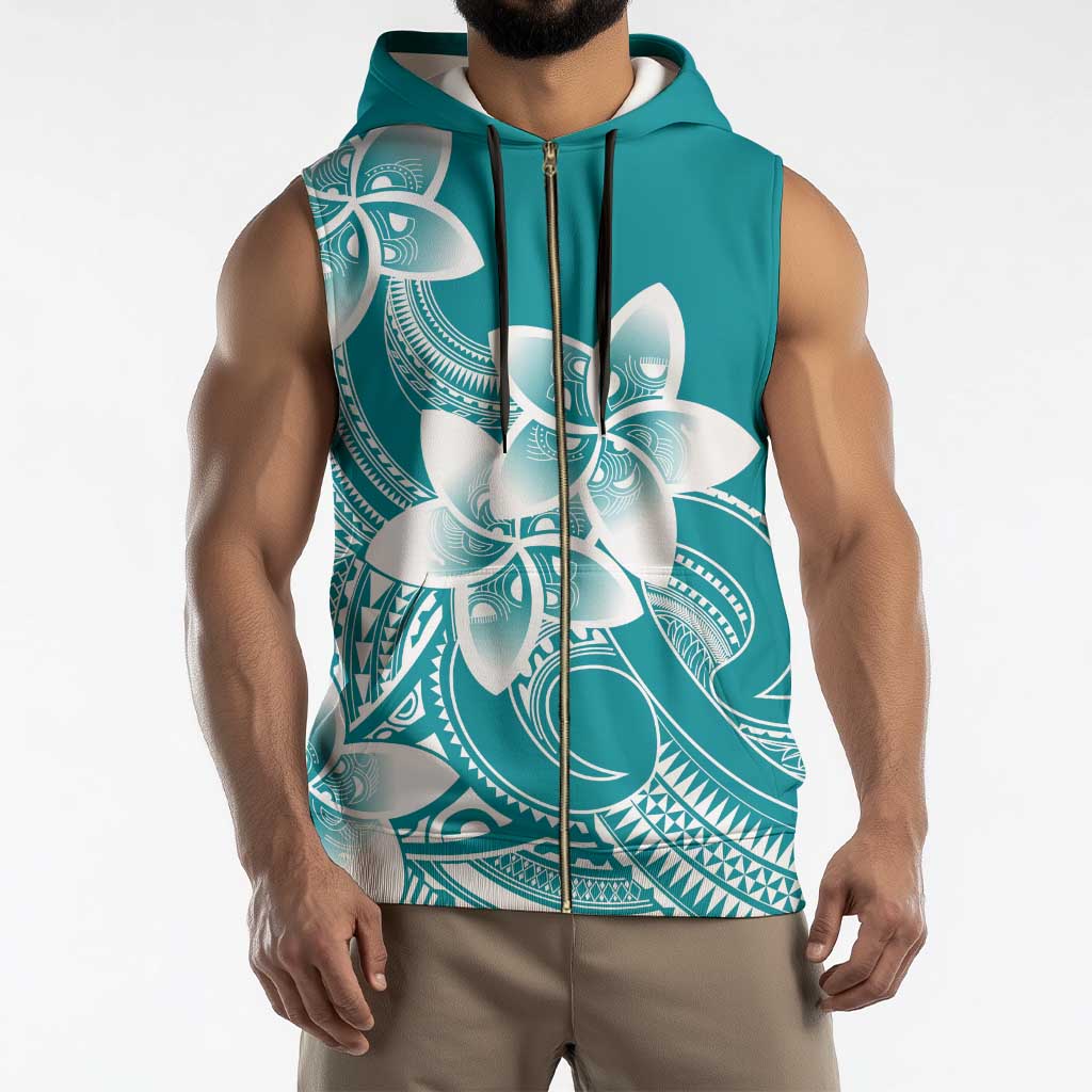 Polynesian Plumeria Flowers Tribal Sleeveless Zip Hoodie Pacific Tattoo Teal Style - Polynesian Pride