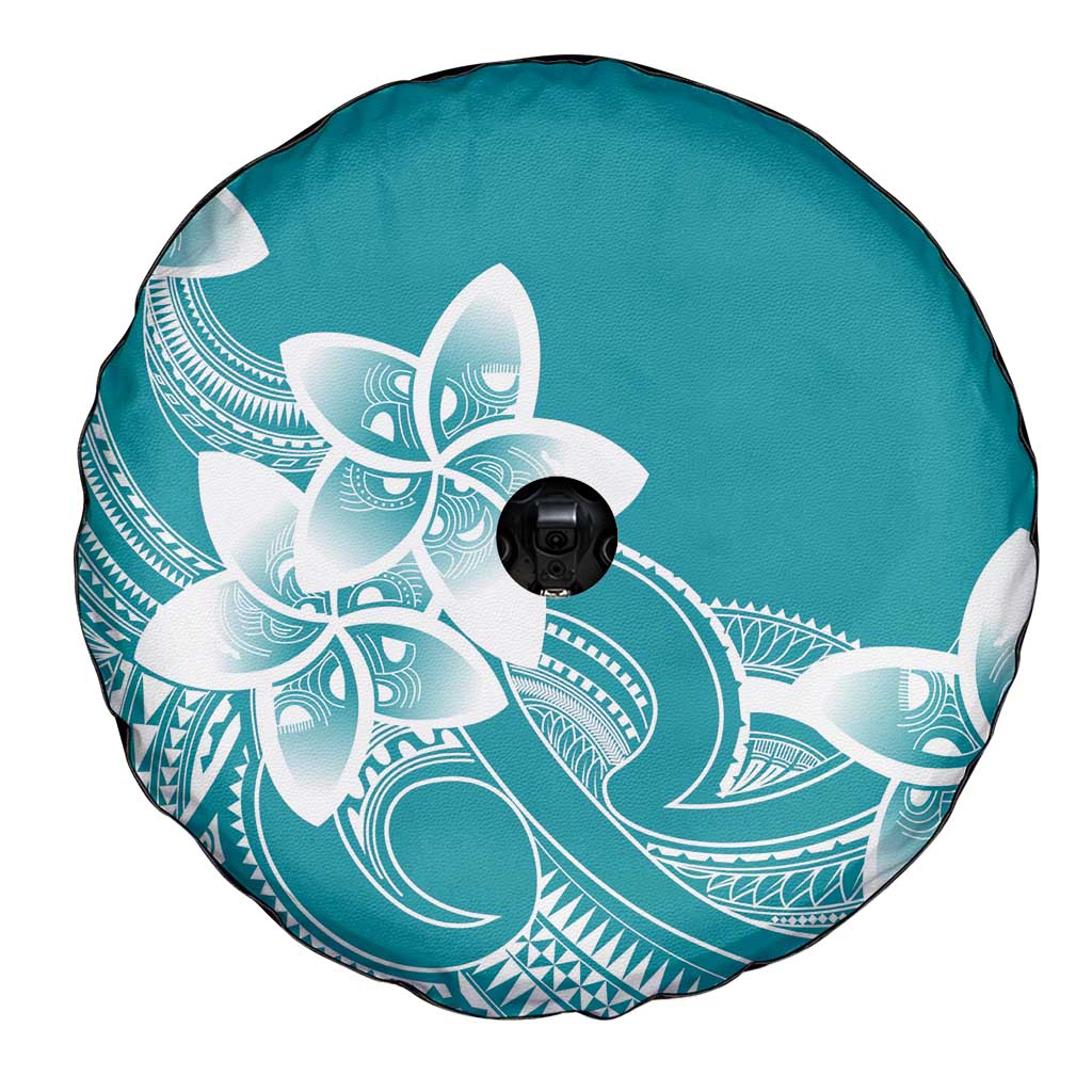 Polynesian Plumeria Flowers Tribal Spare Tire Cover Pacific Tattoo Teal Style - Polynesian Pride