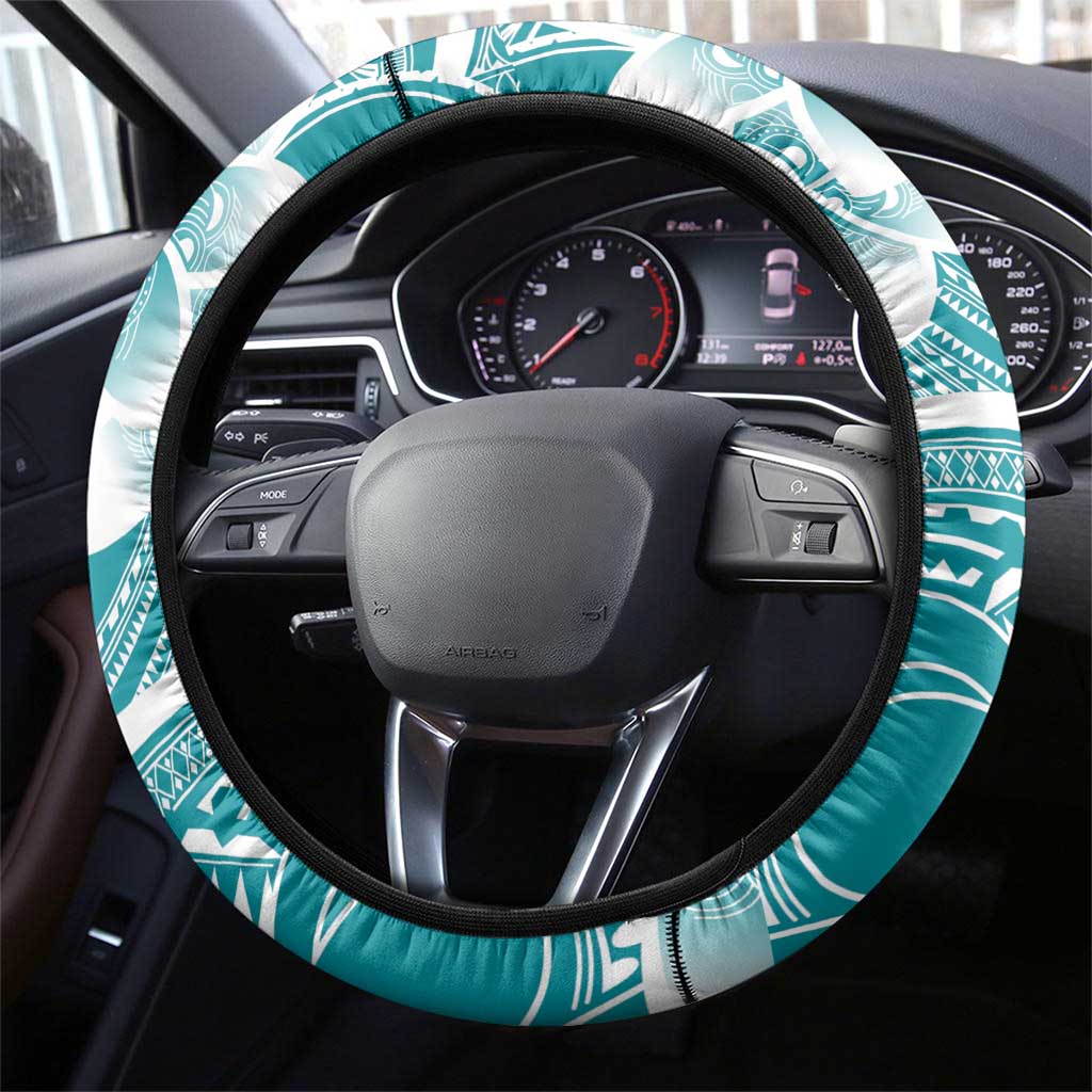 Polynesian Plumeria Flowers Tribal Steering Wheel Cover Pacific Tattoo Teal Style - Polynesian Pride