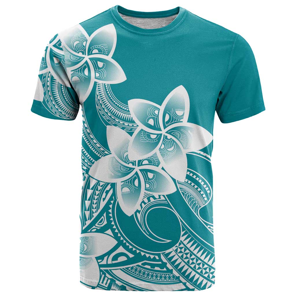 Polynesian Plumeria Flowers Tribal T Shirt Pacific Tattoo Teal Style - Polynesian Pride