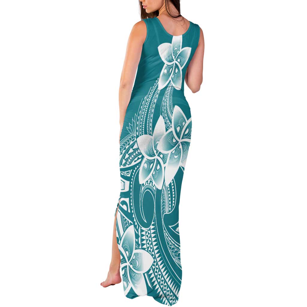 Polynesian Plumeria Flowers Tribal Tank Maxi Dress Pacific Tattoo Teal Style - Polynesian Pride