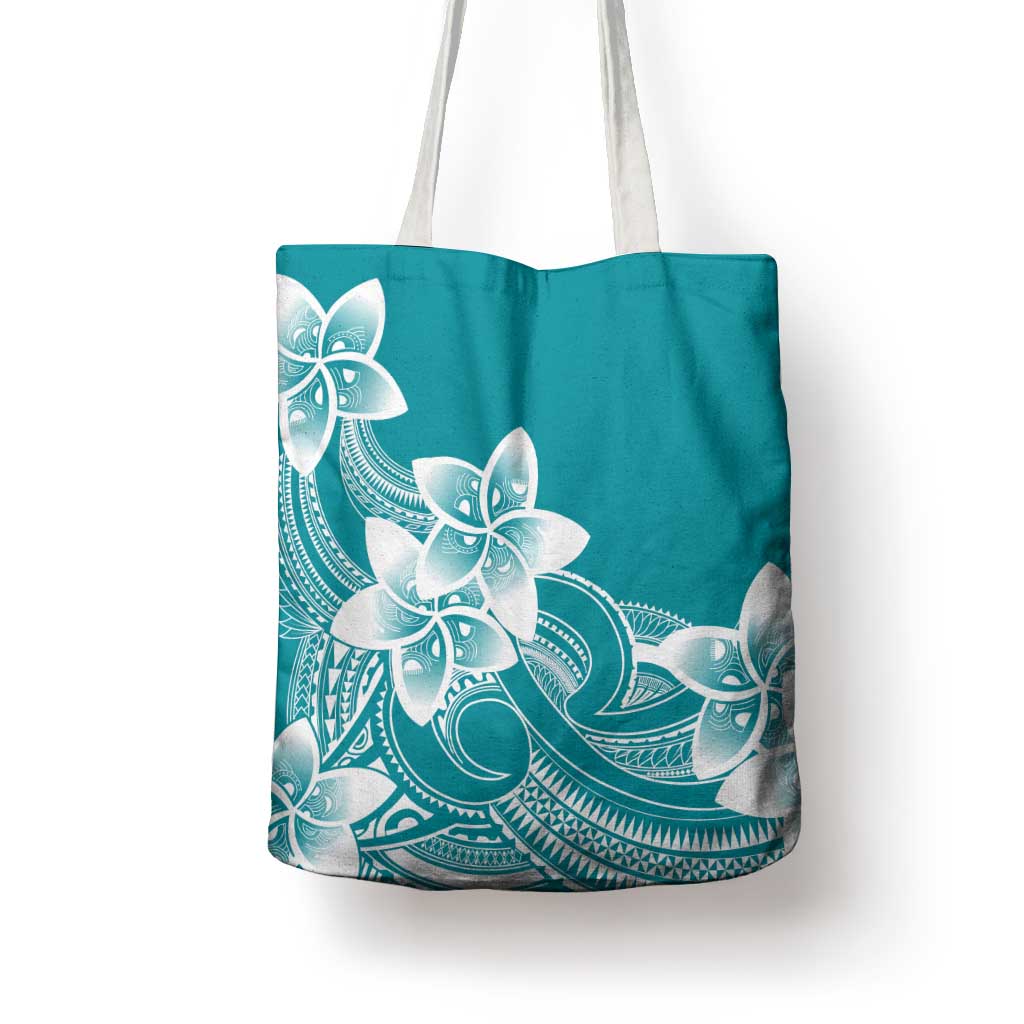 Polynesian Plumeria Flowers Tribal Tote Bag Pacific Tattoo Teal Style - Polynesian Pride