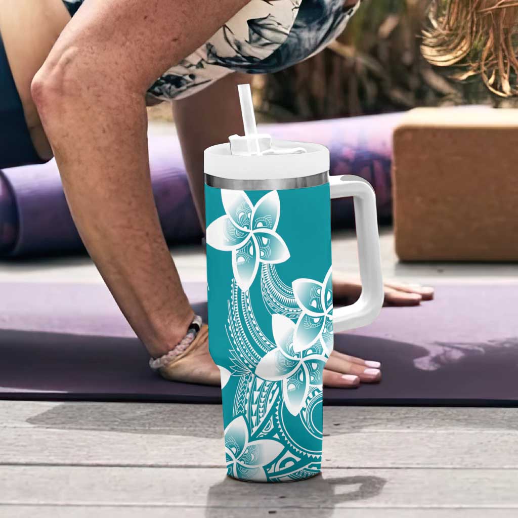 Polynesian Plumeria Flowers Tribal Tumbler With Handle Pacific Tattoo Teal Style - Polynesian Pride