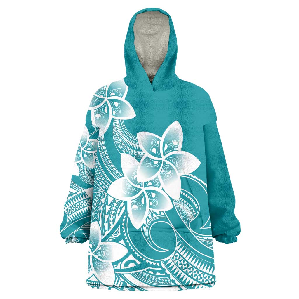 Polynesian Plumeria Flowers Tribal Wearable Blanket Hoodie Pacific Tattoo Teal Style - Polynesian Pride