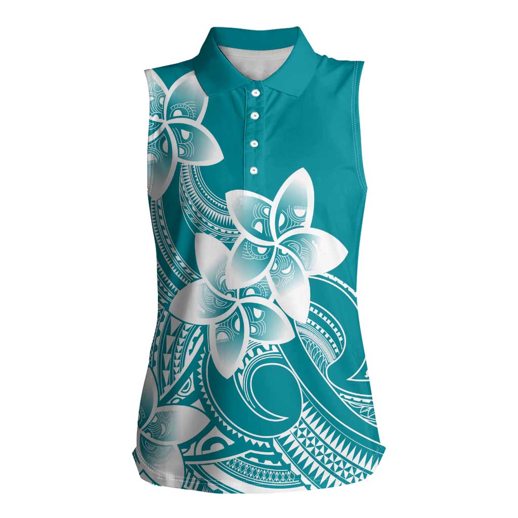 Polynesian Plumeria Flowers Tribal Women Sleeveless Polo Shirt Pacific Tattoo Teal Style - Polynesian Pride