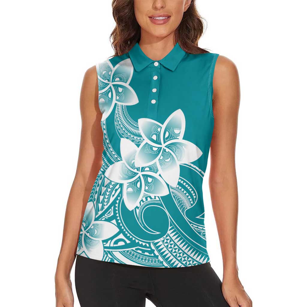 Polynesian Plumeria Flowers Tribal Women Sleeveless Polo Shirt Pacific Tattoo Teal Style - Polynesian Pride