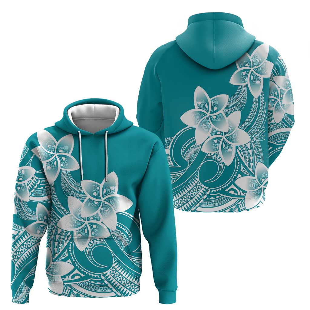 Polynesian Plumeria Flowers Tribal Zip Hoodie Pacific Tattoo Teal Style - Polynesian Pride
