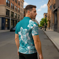 Polynesian Plumeria Flowers Tribal Zipper Polo Shirt Pacific Tattoo Teal Style - Polynesian Pride