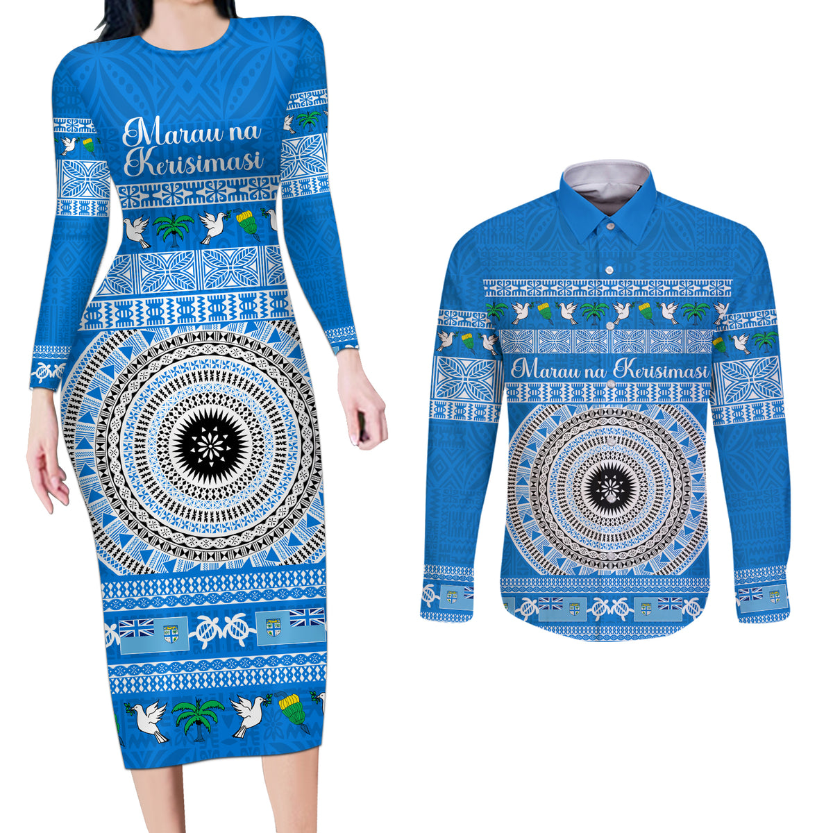 Personalised Fiji Marau Na Kerisimasi Couples Matching Long Sleeve Bodycon Dress and Long Sleeve Button Shirt Merry Christmas Tapa Pattern Blue Style LT9 Red - Polynesian Pride