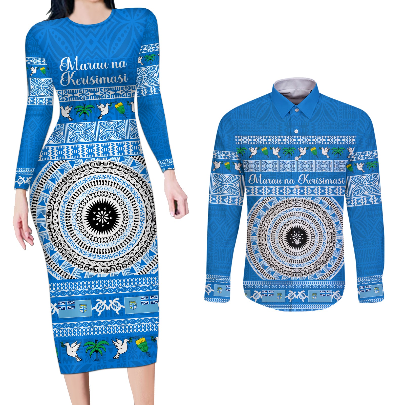 Personalised Fiji Marau Na Kerisimasi Couples Matching Long Sleeve Bodycon Dress and Long Sleeve Button Shirt Merry Christmas Tapa Pattern Blue Style LT9 Red - Polynesian Pride
