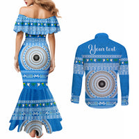 Personalised Fiji Marau Na Kerisimasi Couples Matching Mermaid Dress and Long Sleeve Button Shirt Merry Christmas Tapa Pattern Blue Style LT9 - Polynesian Pride