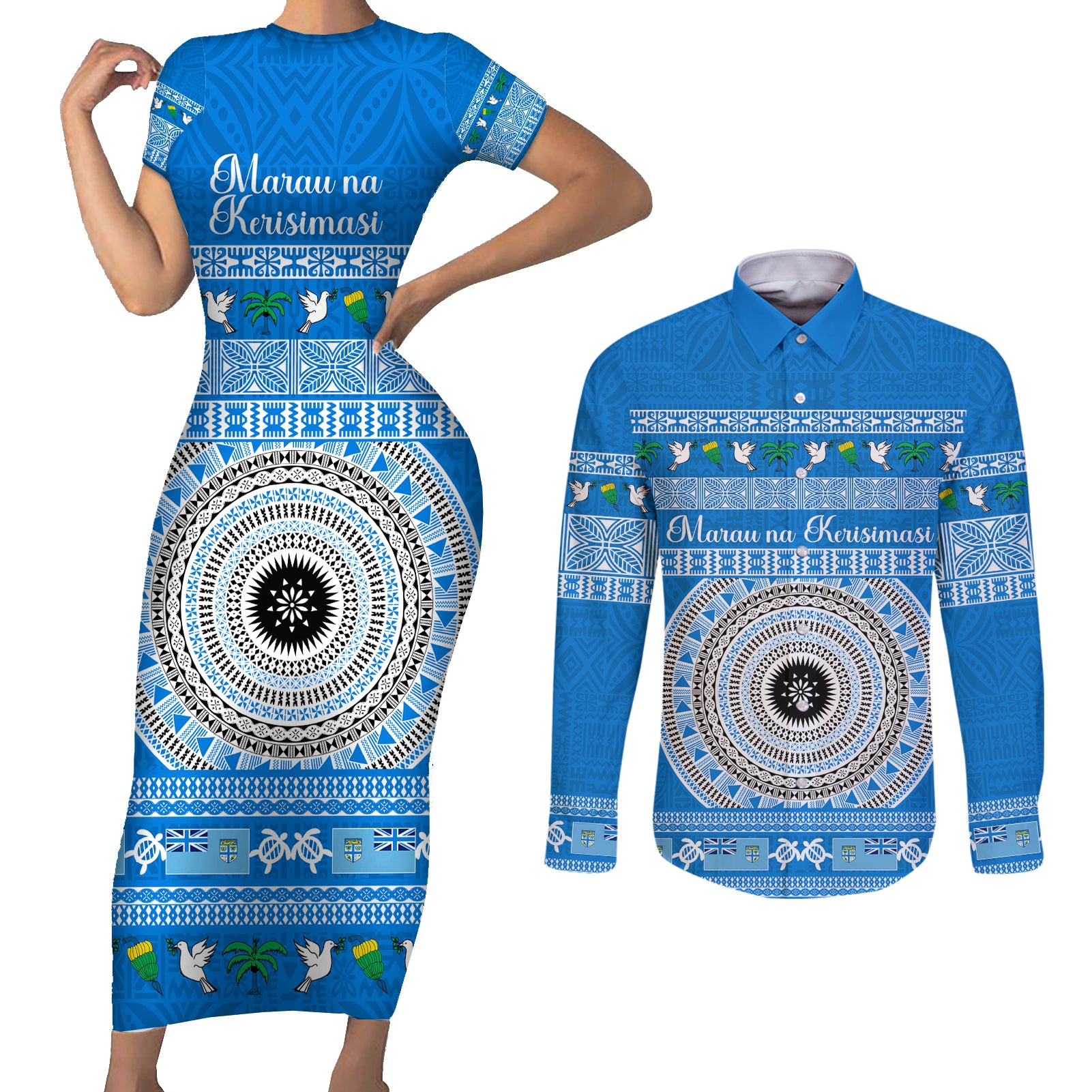 Personalised Fiji Marau Na Kerisimasi Couples Matching Short Sleeve Bodycon Dress and Long Sleeve Button Shirt Merry Christmas Tapa Pattern Blue Style LT9 Red - Polynesian Pride