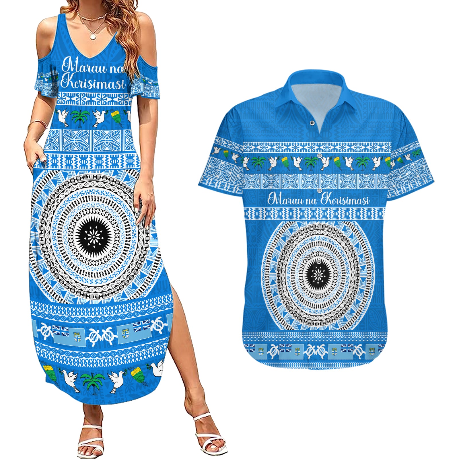 Personalised Fiji Marau Na Kerisimasi Couples Matching Summer Maxi Dress and Hawaiian Shirt Merry Christmas Tapa Pattern Blue Style LT9 Red - Polynesian Pride