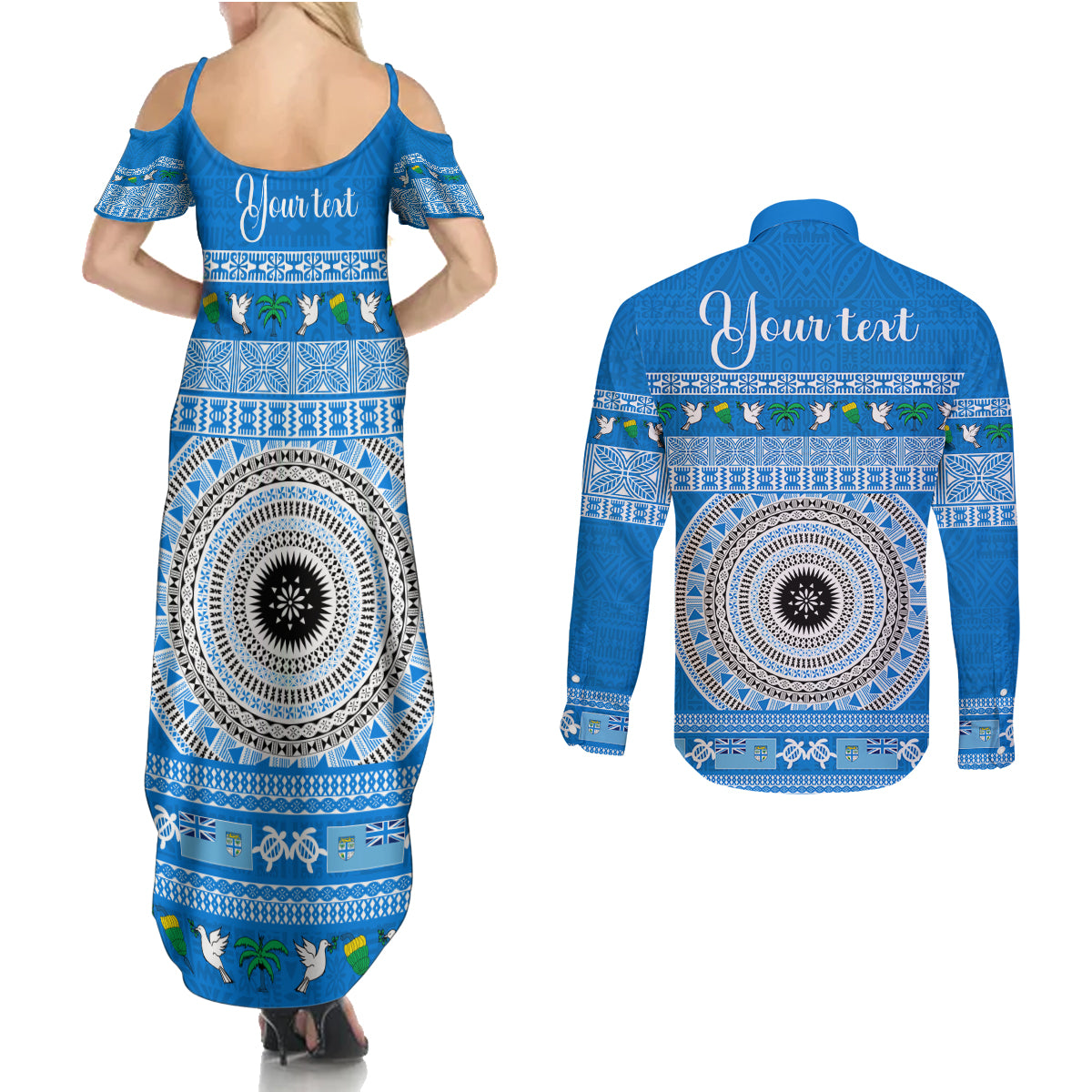 Personalised Fiji Marau Na Kerisimasi Couples Matching Summer Maxi Dress and Long Sleeve Button Shirt Merry Christmas Tapa Pattern Blue Style LT9 - Polynesian Pride