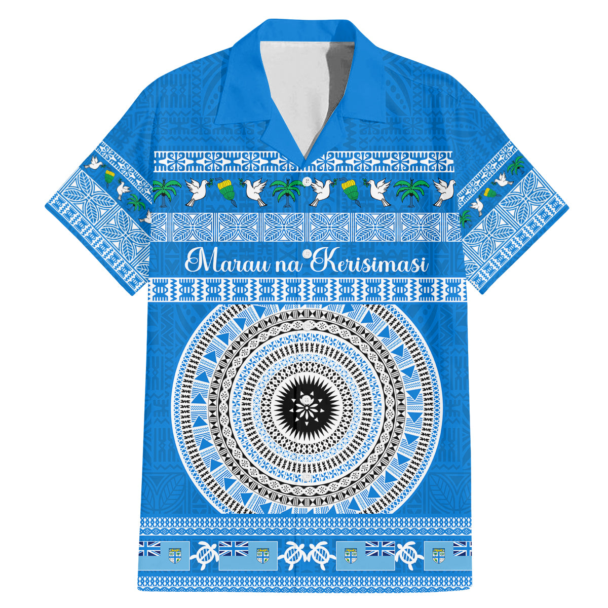 Personalised Fiji Marau Na Kerisimasi Family Matching Mermaid Dress and Hawaiian Shirt Merry Christmas Tapa Pattern Blue Style LT9 Dad's Shirt - Short Sleeve Red - Polynesian Pride