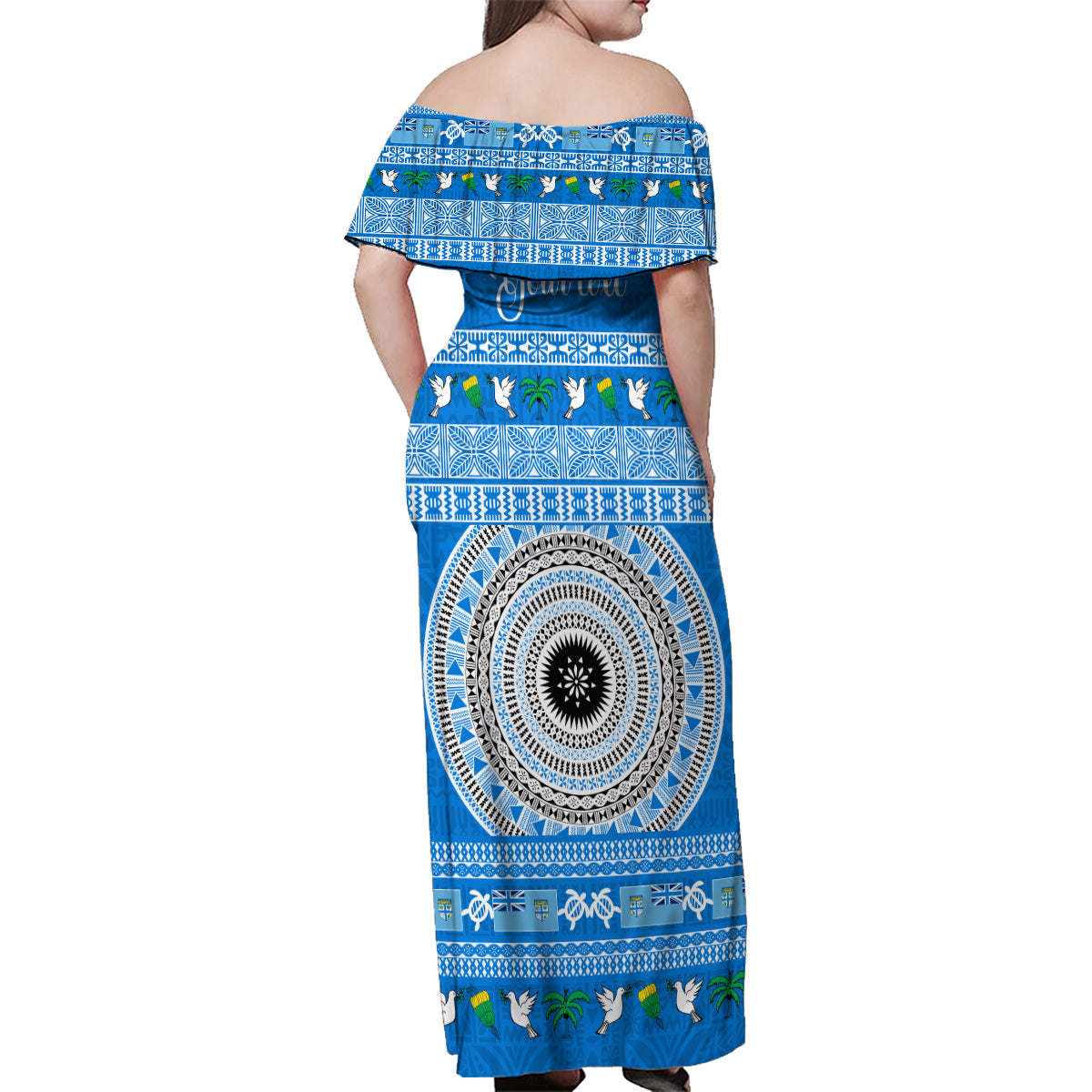 Personalised Fiji Marau Na Kerisimasi Family Matching Off Shoulder Maxi Dress and Hawaiian Shirt Merry Christmas Tapa Pattern Blue Style LT9 - Polynesian Pride