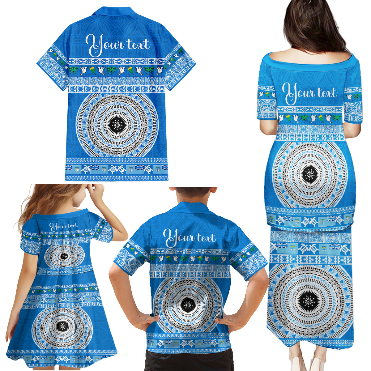 Personalised Fiji Marau Na Kerisimasi Family Matching Puletasi Dress and Hawaiian Shirt Merry Christmas Tapa Pattern Blue Style LT9 - Polynesian Pride